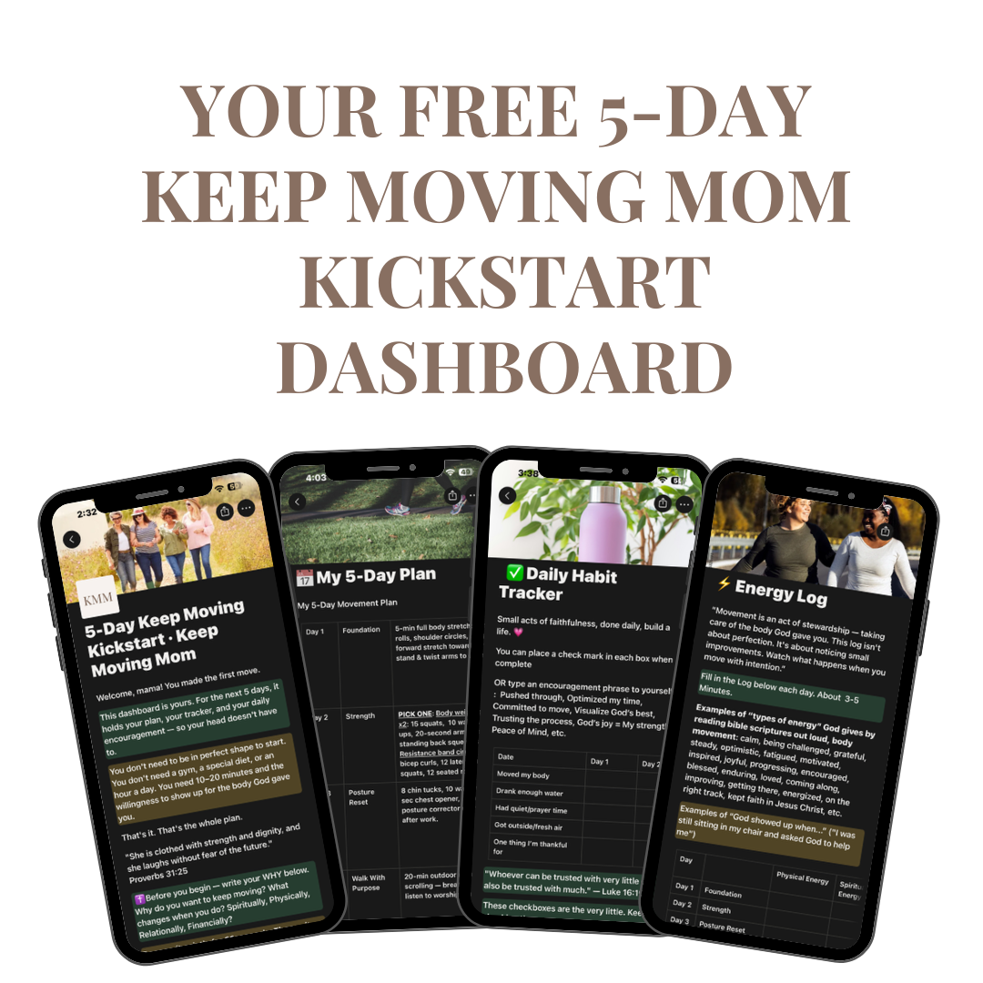 Your free 5-Day Keep Moving Mom Kickstart Dashboard preview showing the 5-day plan, daily habit tracker, and energy log on mobile
